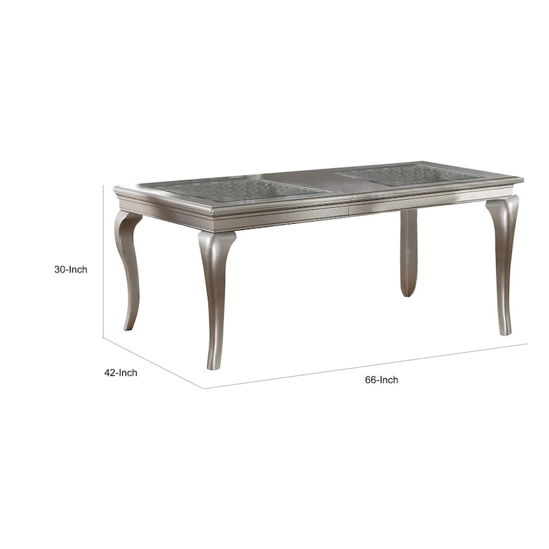Table de salle à manger 168-213 cm, extensible 6 places, plateau en verre argenté et bois.