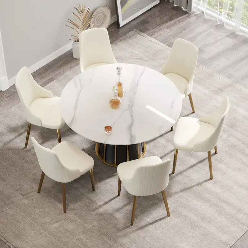 Table à manger ronde 53 po en pierre frittée blanche avec plateau tournant - N/A