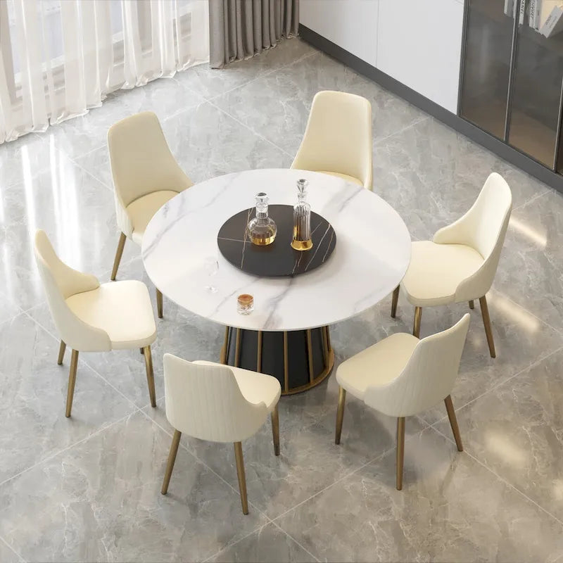 Table à manger ronde 53 po en pierre frittée blanche avec plateau tournant - N/A