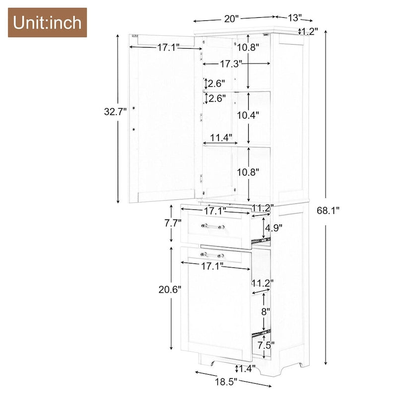 Meuble de rangement pour linge de 20 po L x 13 po P x 68,1 po H avec 2 tiroirs de tailles différentes et une étagère réglable